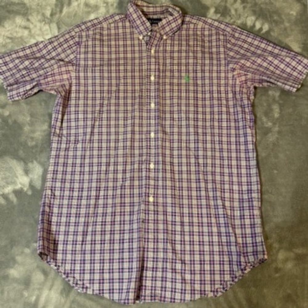 Ralph Lauren Men Classic Fit Plaid Purple Short Sleeve Button Down Shirt Size M